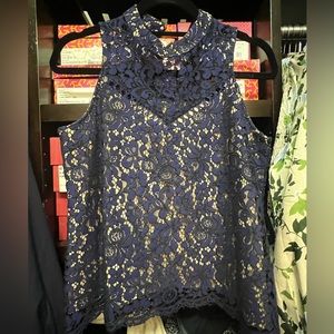 Aqua navy lace high neck top. Size medium.
